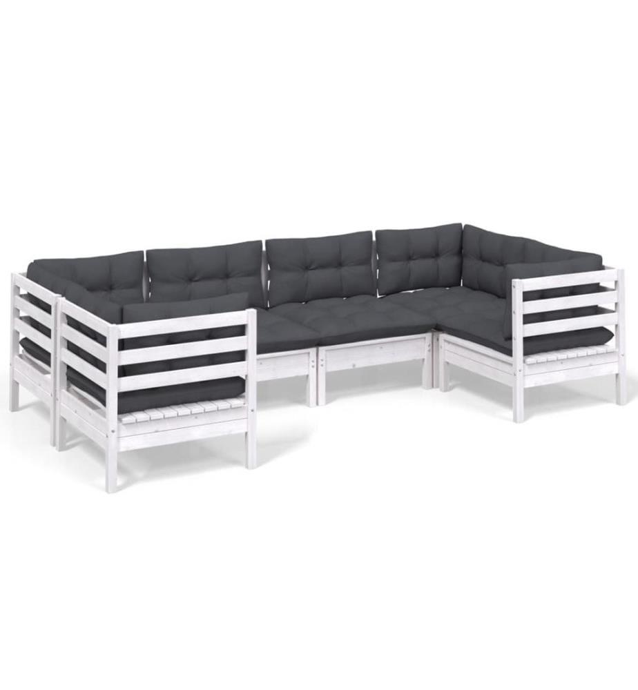 6-tlg. Garten-Lounge-Set mit Kissen Weiss Kiefernholz
