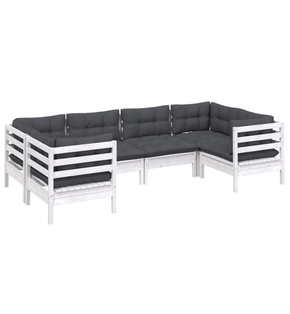 6-tlg. Garten-Lounge-Set mit Kissen Weiss Kiefernholz