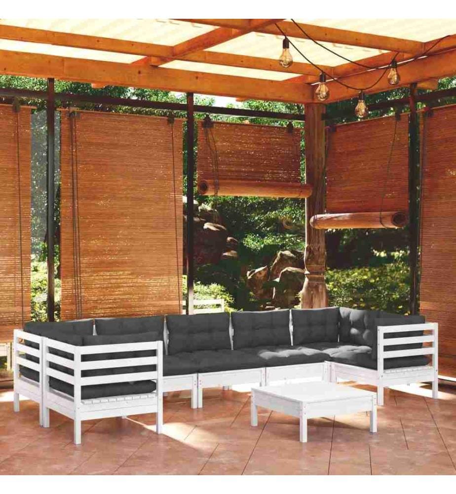 8-tlg. Garten-Lounge-Set mit Kissen Weiss Kiefernholz