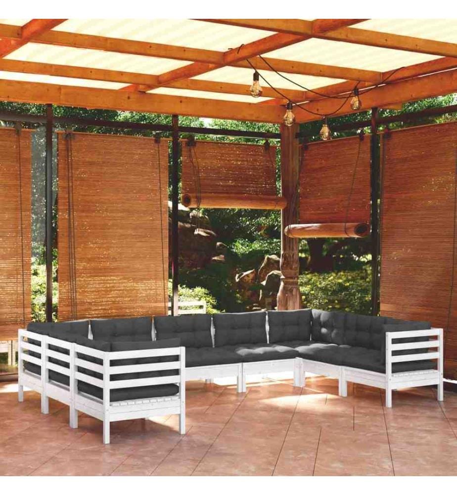9-tlg. Garten-Lounge-Set mit Kissen Weiss Kiefernholz
