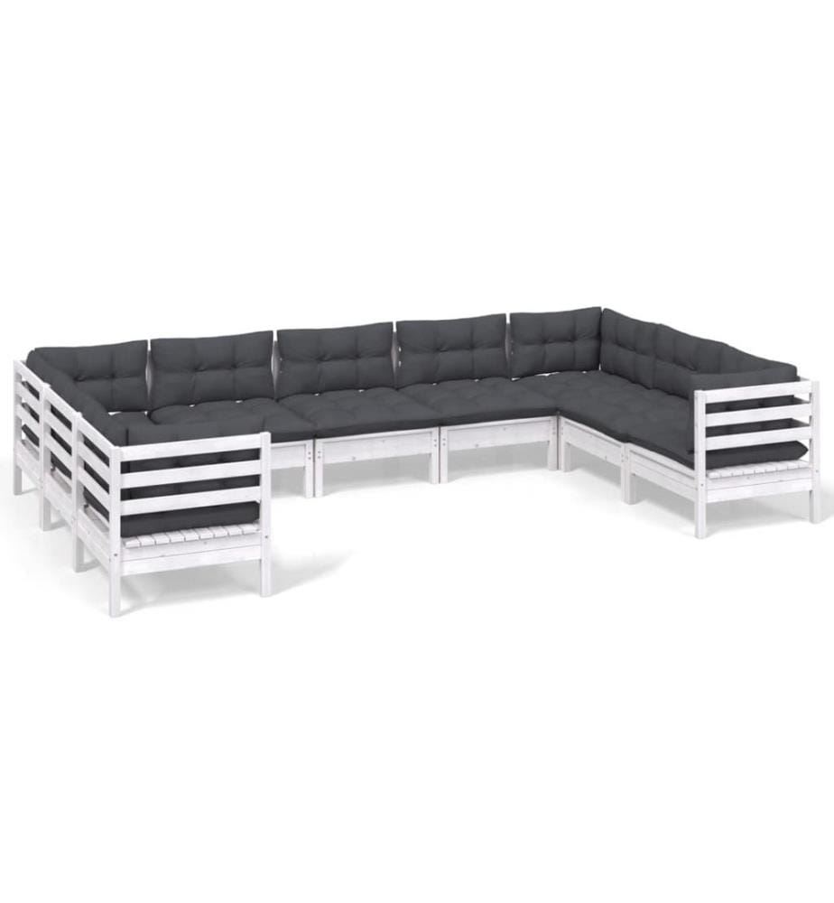 9-tlg. Garten-Lounge-Set mit Kissen Weiss Kiefernholz