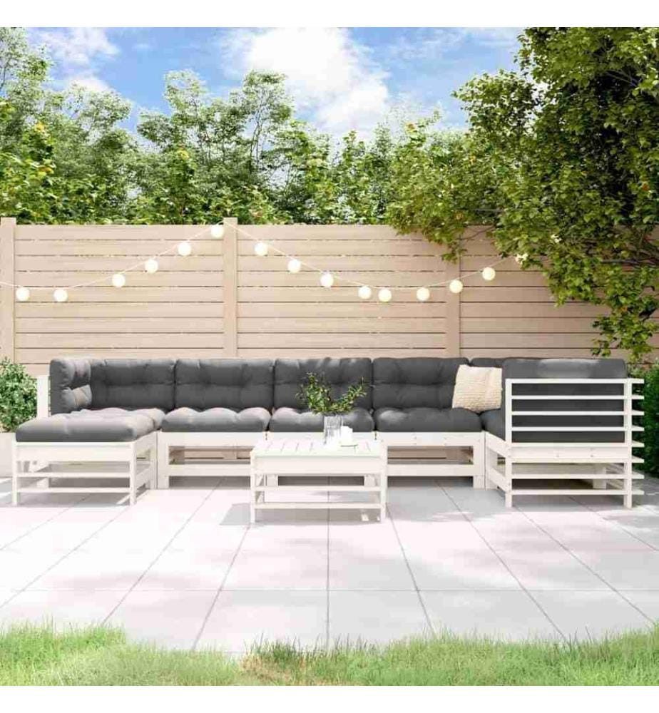 Salon de jardin 8 pcs avec coussins blanc bois massif