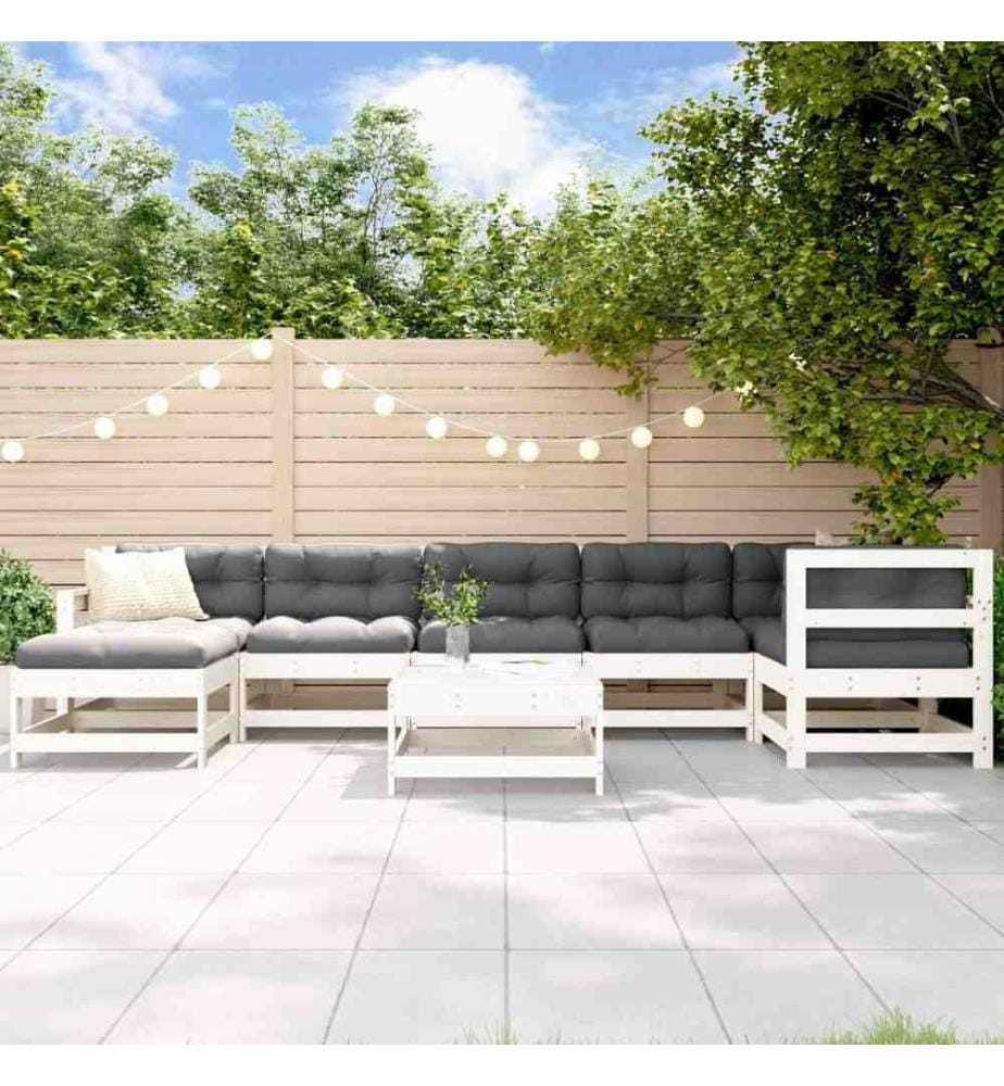 Salon de jardin 8 pcs avec coussins blanc bois massif