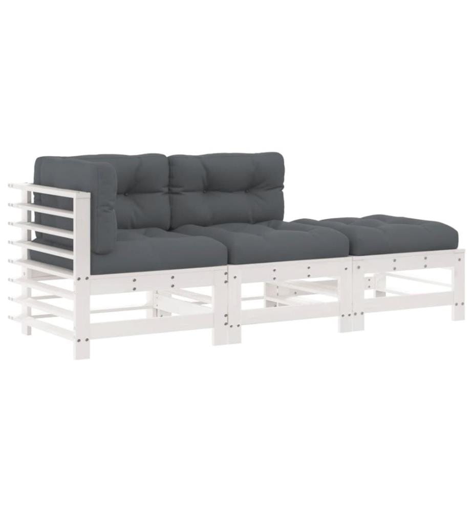 3-tlg. Garten-Lounge-Set mit Kissen Weiss Massivholz
