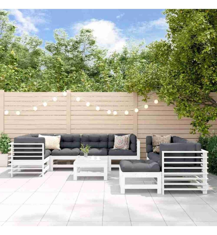 Salon de jardin 10 pcs avec coussins blanc bois massif