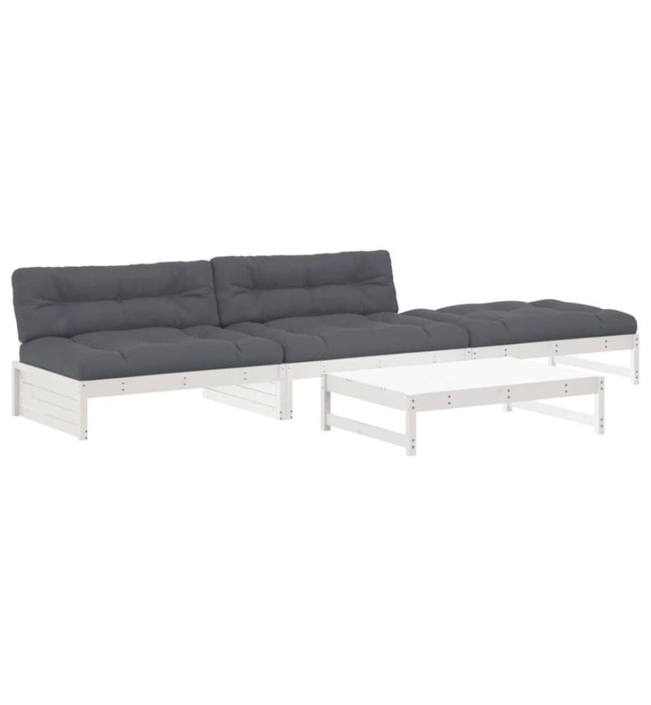 4-tlg. Garten-Lounge-Set mit Kissen Weiss Massivholz