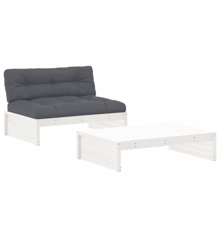 2-tlg. Garten-Lounge-Set mit Kissen Weiss Massivholz