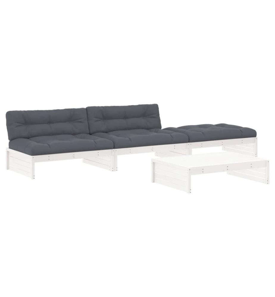 4-tlg. Garten-Lounge-Set mit Kissen Weiss Massivholz