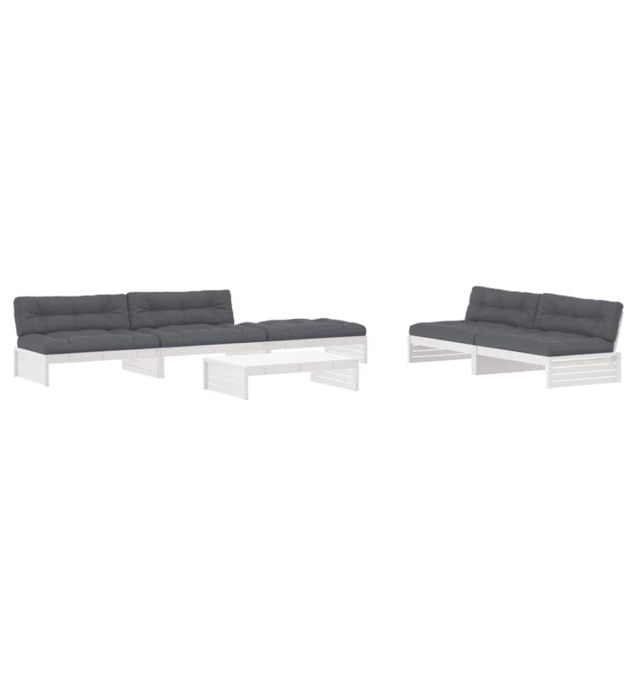 6-tlg. Garten-Lounge-Set mit Kissen Weiss Massivholz