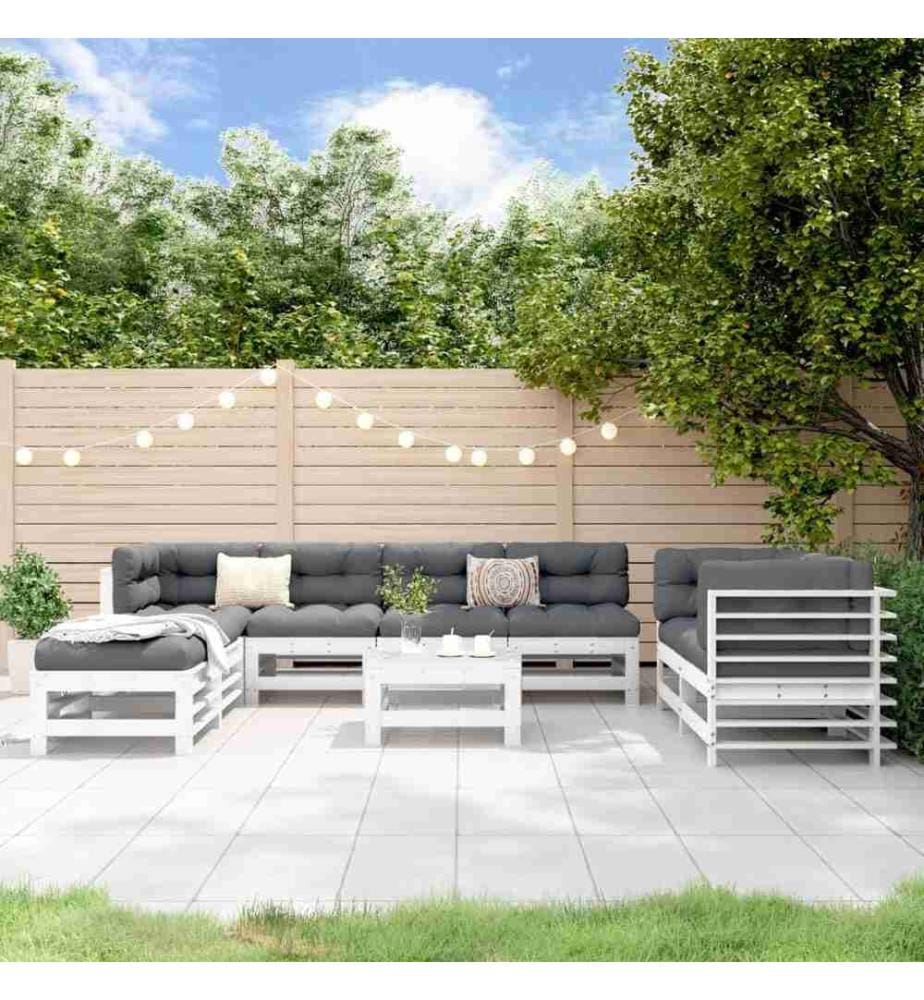 Salon de jardin 9 pcs Blanc Bois de pin massif
