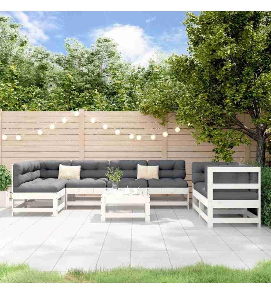 Salon de jardin 8 pcs Blanc Bois de pin massif