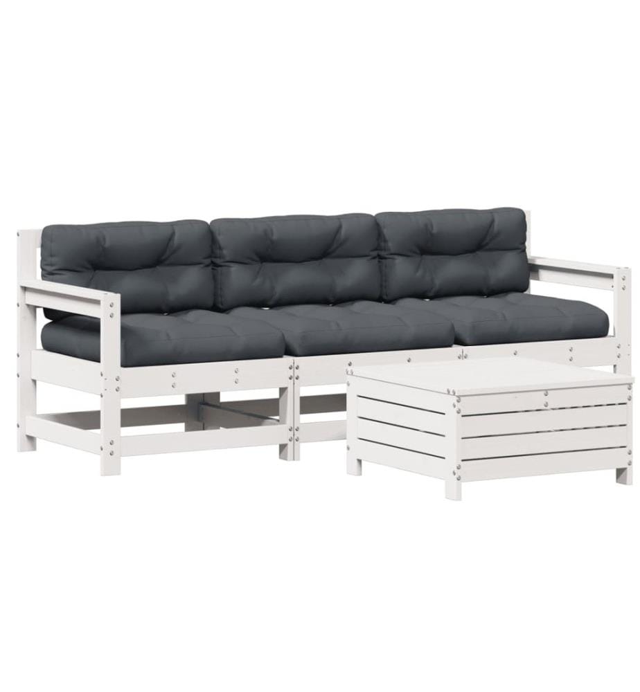 4-tlg. Garten-Lounge-Set mit Kissen Weiss Massivholz Kiefer