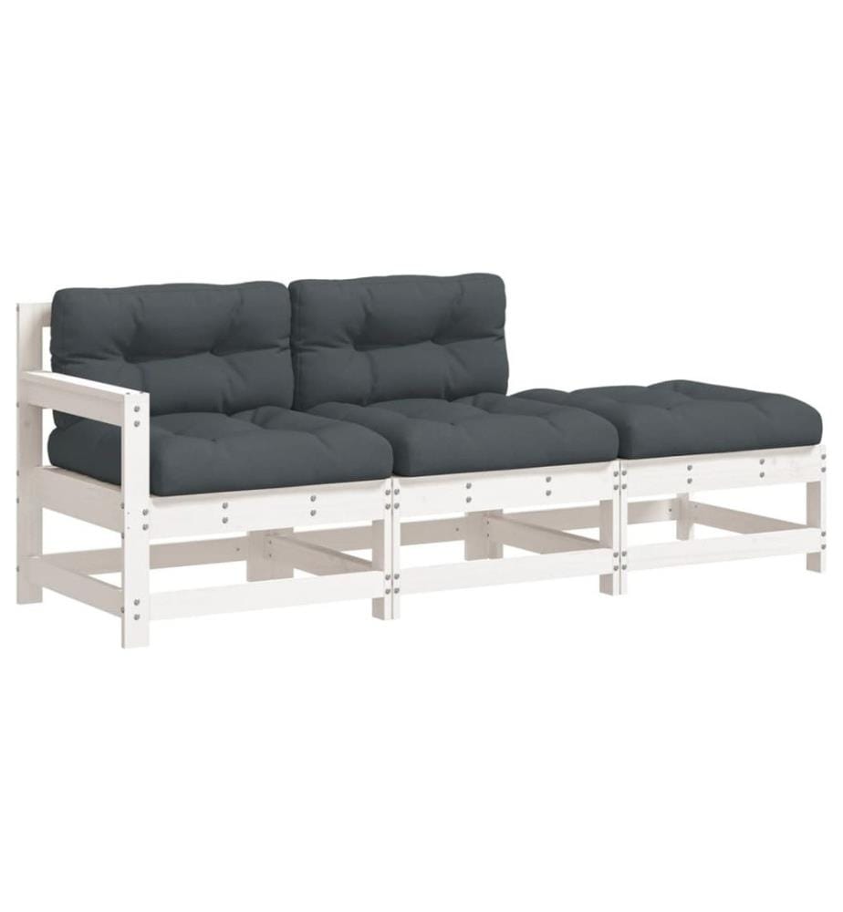 3-tlg. Garten-Lounge-Set mit Kissen Weiss Massivholz
