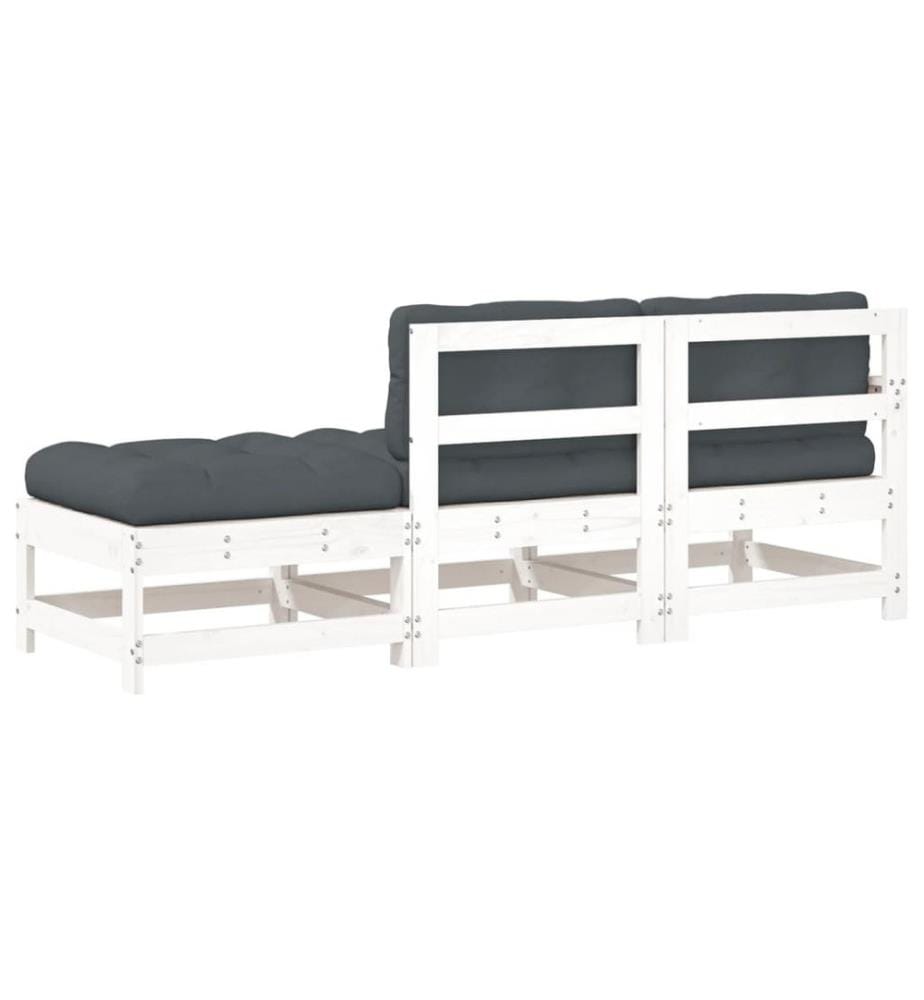 3-tlg. Garten-Lounge-Set mit Kissen Weiss Massivholz