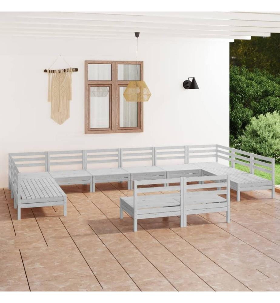 Salon de jardin 12 pcs Blanc Bois de pin massif