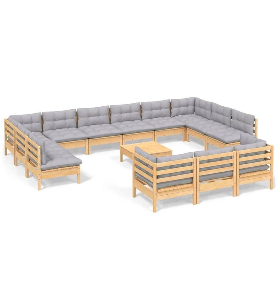 14-tlg. Garten-Lounge-Set mit Grauen Kissen Kiefernholz