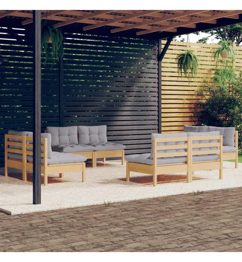 Salon de jardin 8 pcs avec coussins gris Bois de pin
