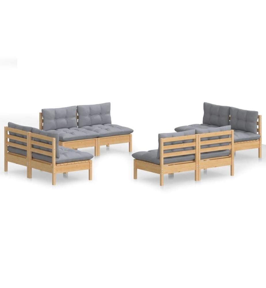 Salon de jardin 8 pcs avec coussins gris Bois de pin