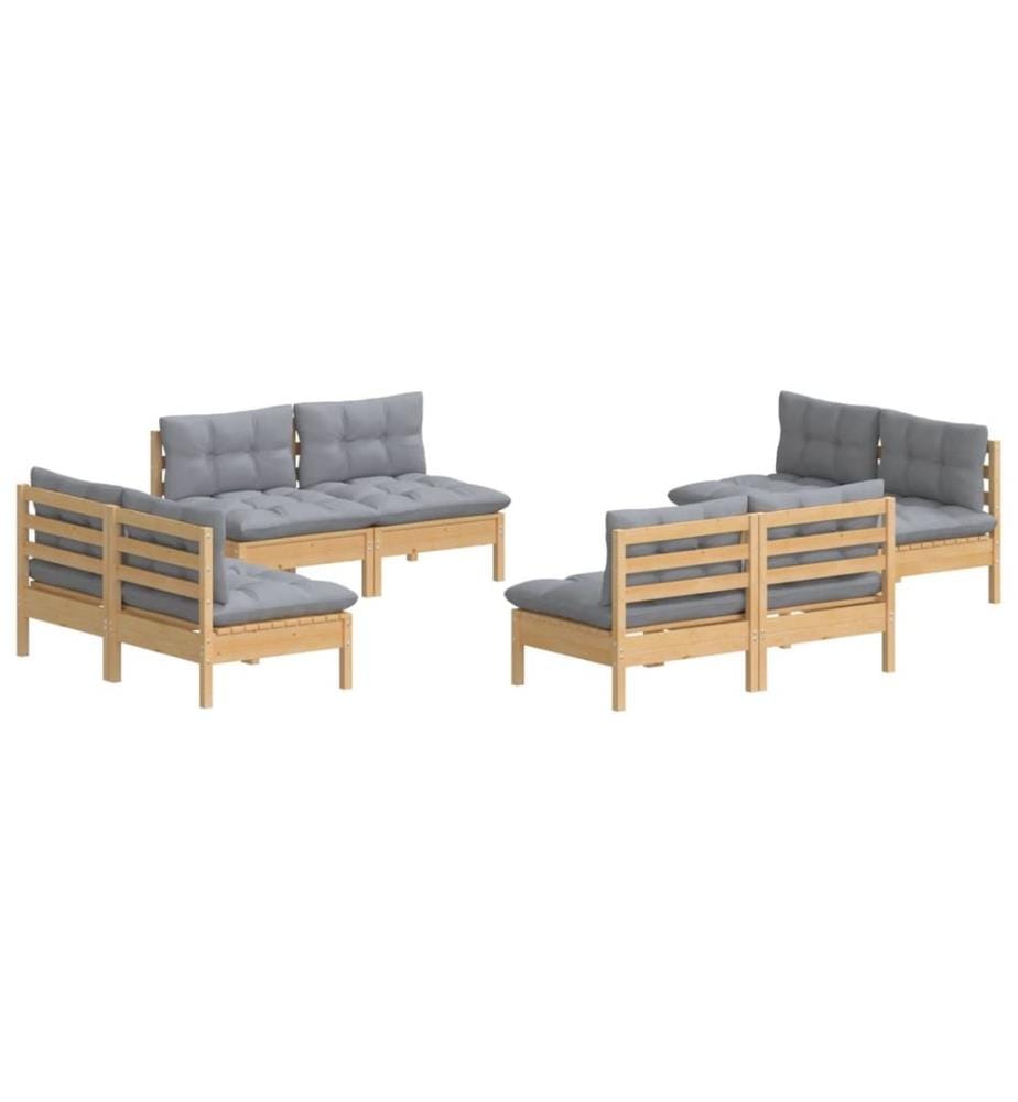 Salon de jardin 8 pcs avec coussins gris Bois de pin