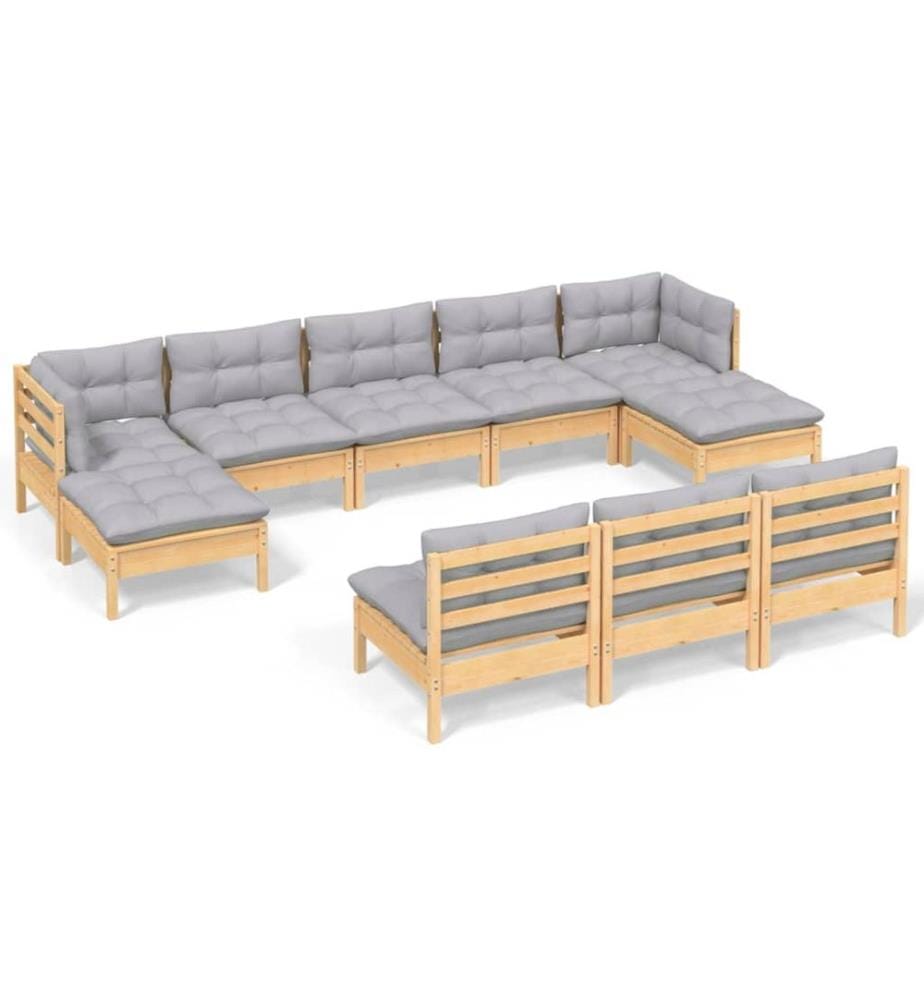 Salon de jardin 10 pcs avec coussins gris Bois de pin