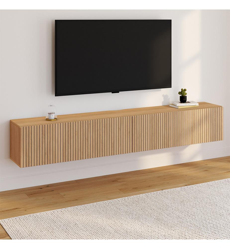 Porta TV a parete Faustine effetto doghe L180cm - Marrone