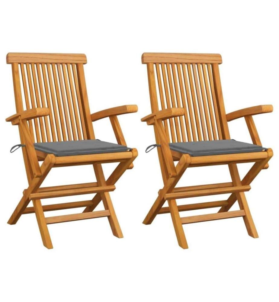 Gartenstühle mit Grauen Kissen 2 Stk. Massivholz Teak