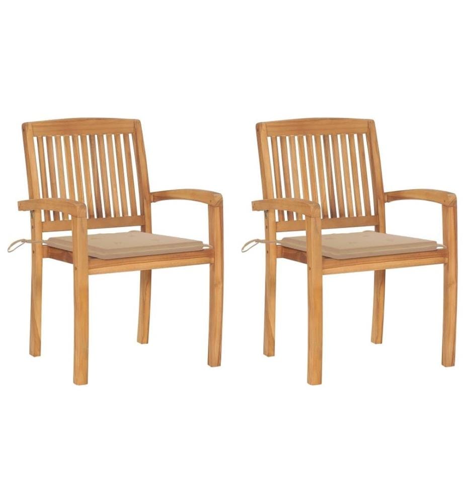 Chaises de jardin 2 pcs avec coussins beige Bois de teck massif