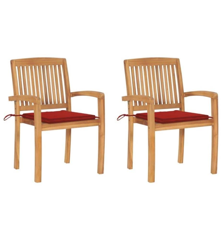 Chaises de jardin 2 pcs avec coussins rouge Bois de teck massif