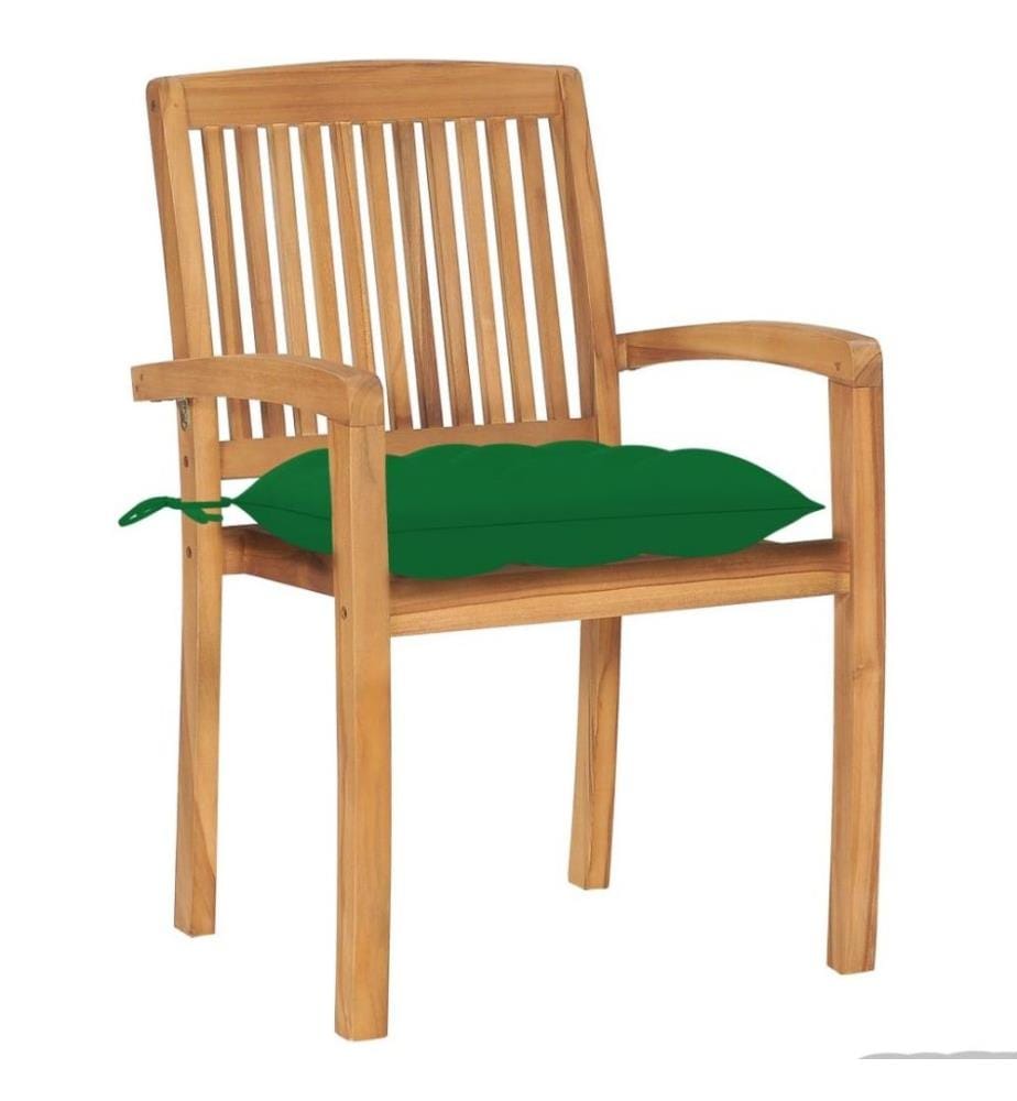Chaises de jardin 2 pcs avec coussins vert Bois de teck massif