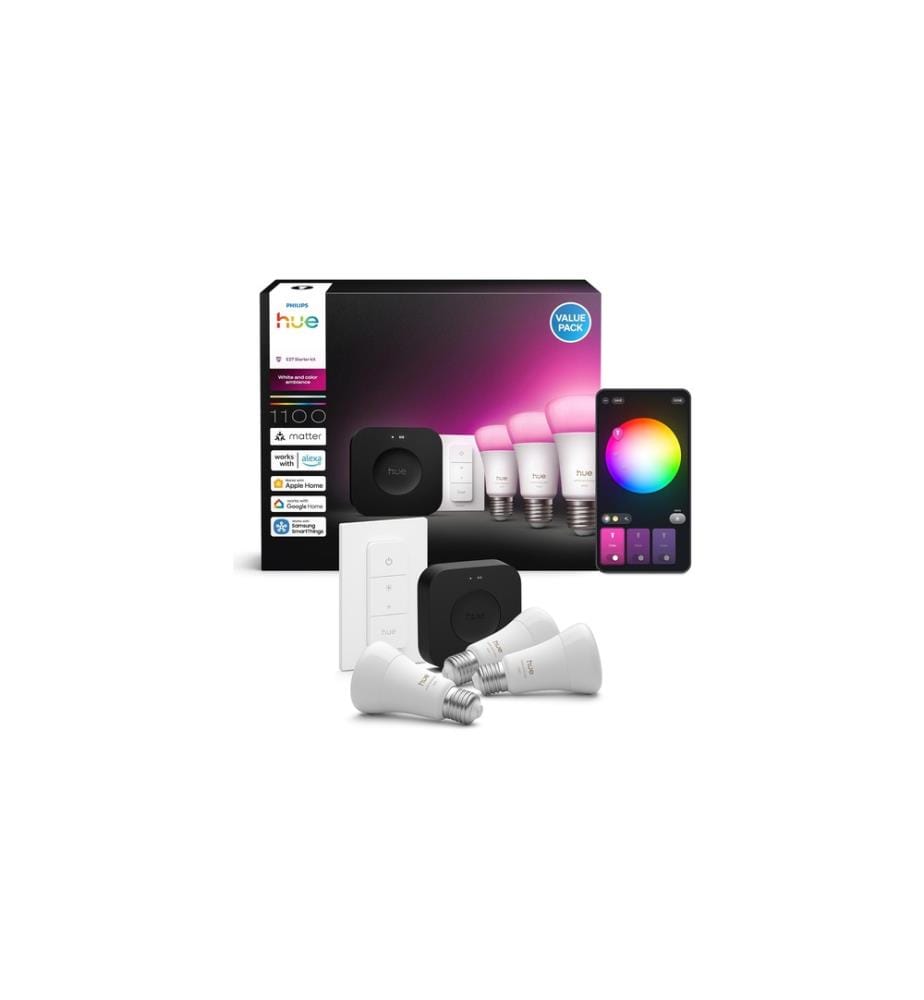 PHILIPS HUE - 3 smarte E27-Lampen + Dimmschalter + Hue Bridge Pro