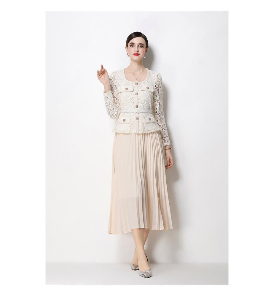 Elegantes Midikleid mit plissierter Spitze und Taillengürtel - Apricot