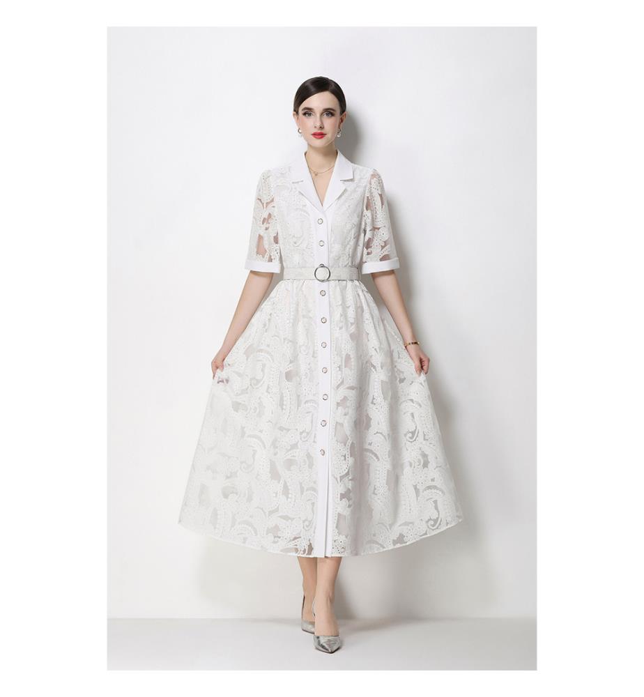 Elegantes Midikleid aus Spitze mit Taillengürtel - Weiss