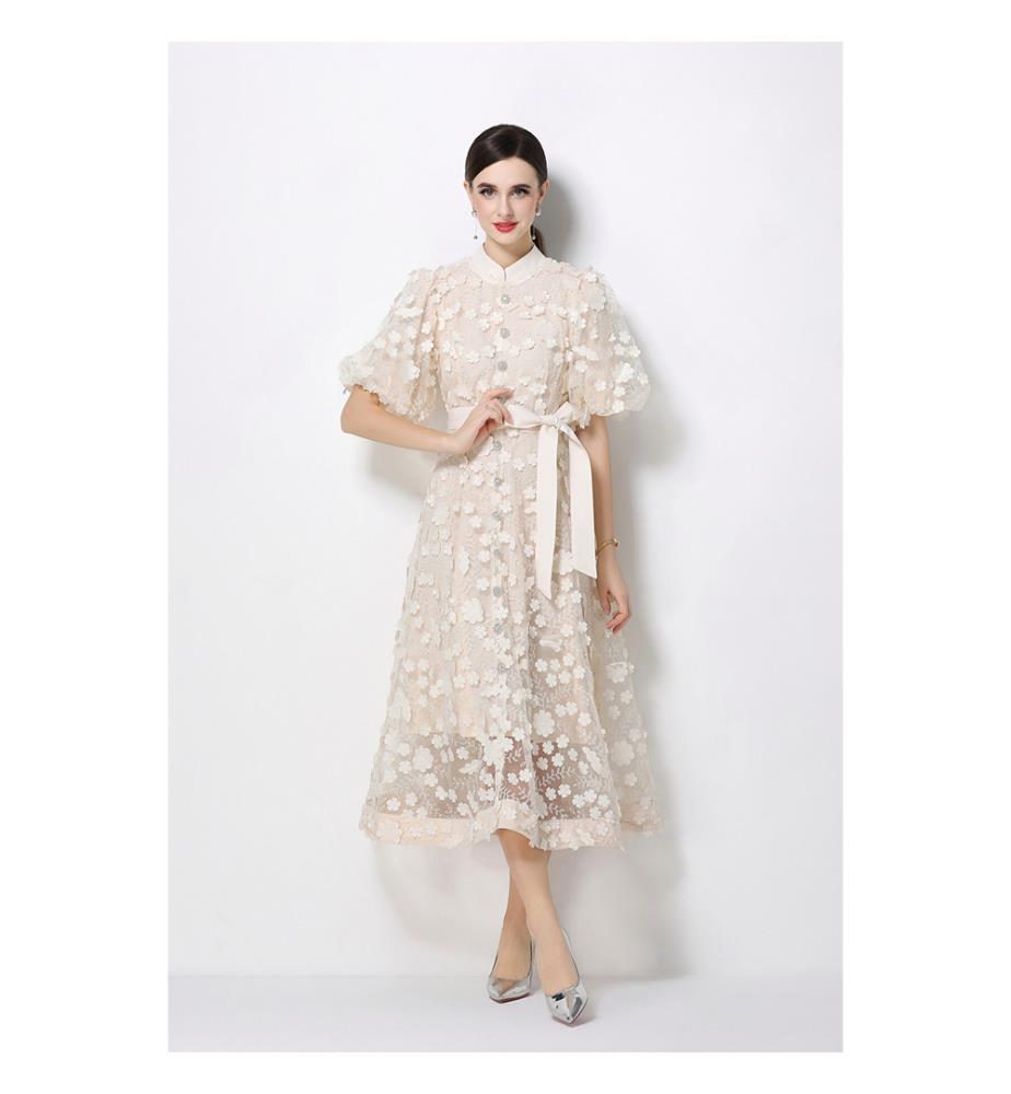 3D Floral Mesh Midikleid mit Taillengürtel - Beige