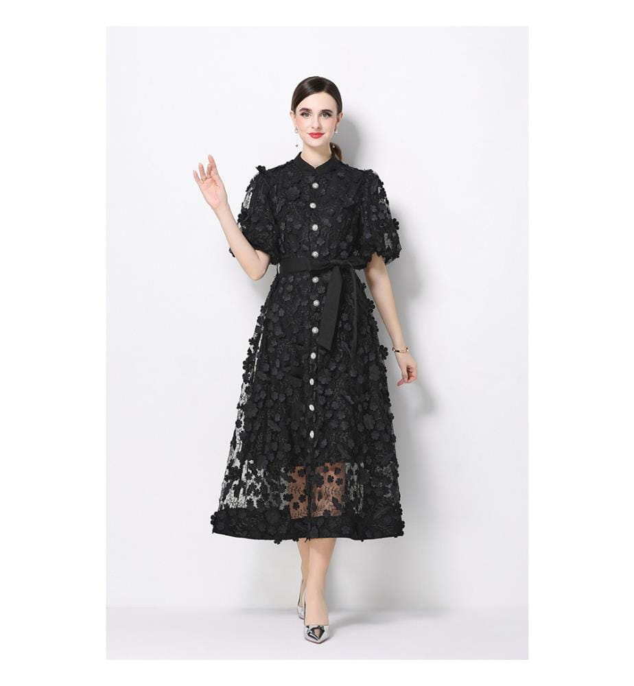 3D Floral Mesh Midikleid mit Taillengürtel - Schwarz
