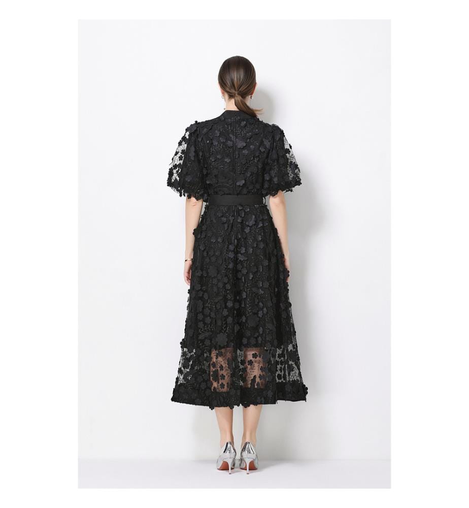 3D Floral Mesh Midikleid mit Taillengürtel - Schwarz