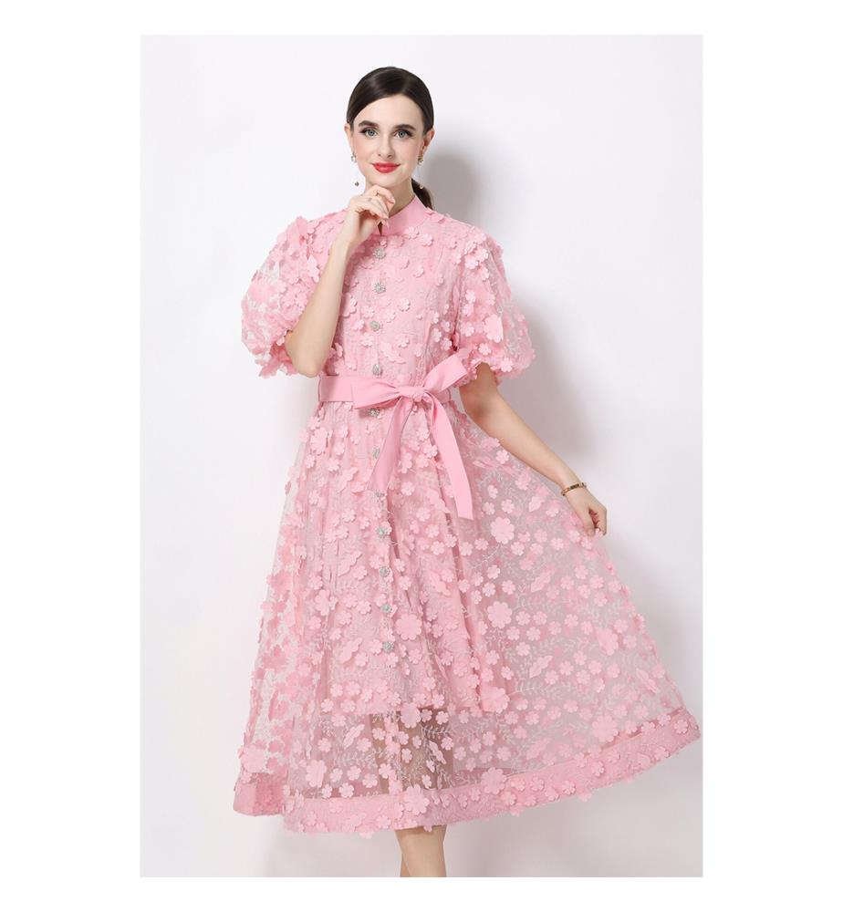3D Floral Mesh Midikleid mit Taillengürtel - Pink