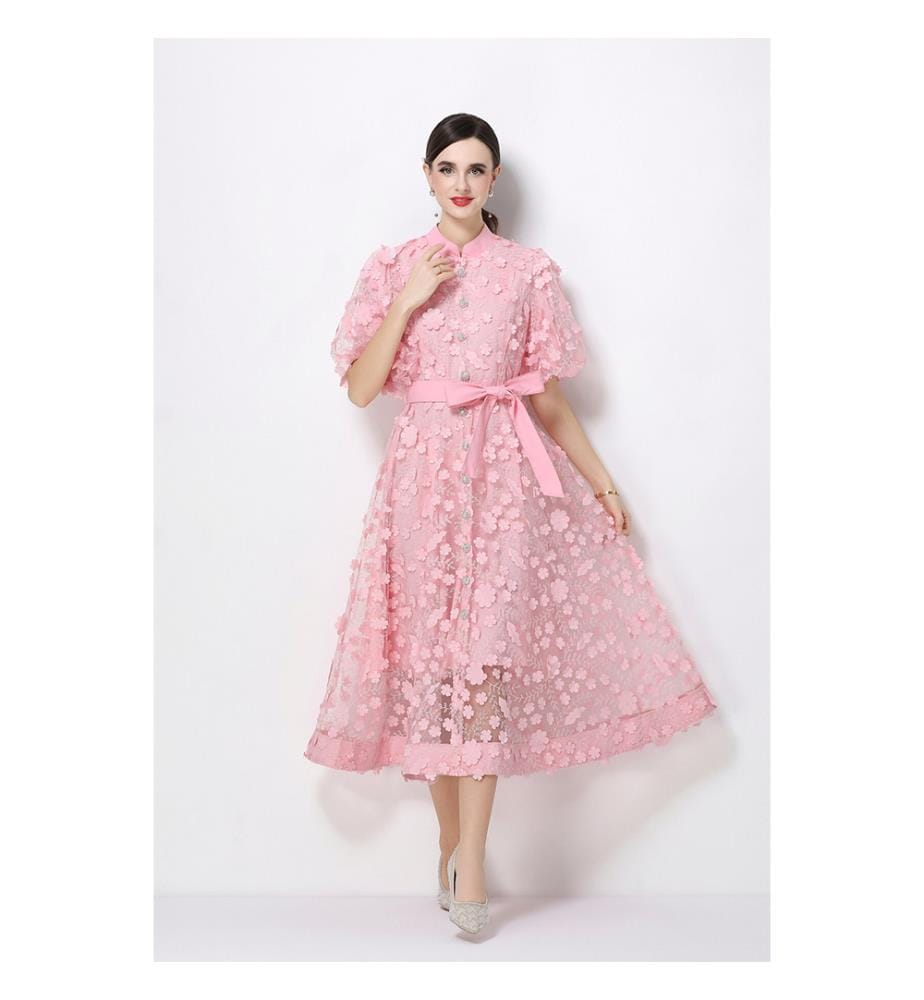 3D Floral Mesh Midikleid mit Taillengürtel - Pink