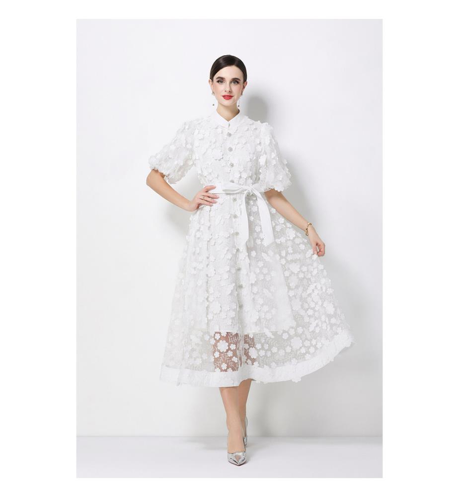 3D Floral Mesh Midikleid mit Taillengürtel - Weiss
