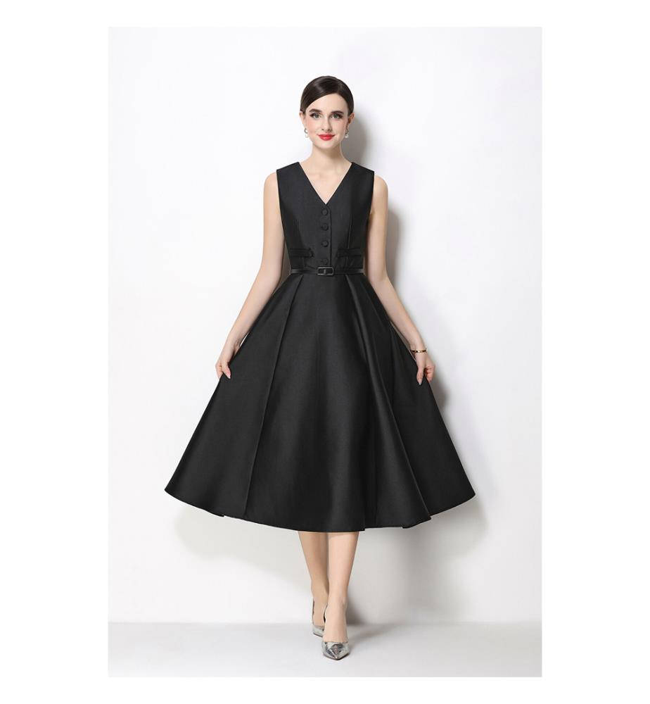 Ärmelloses Midikleid aus Satin mit Taillengürtel - Schwarz