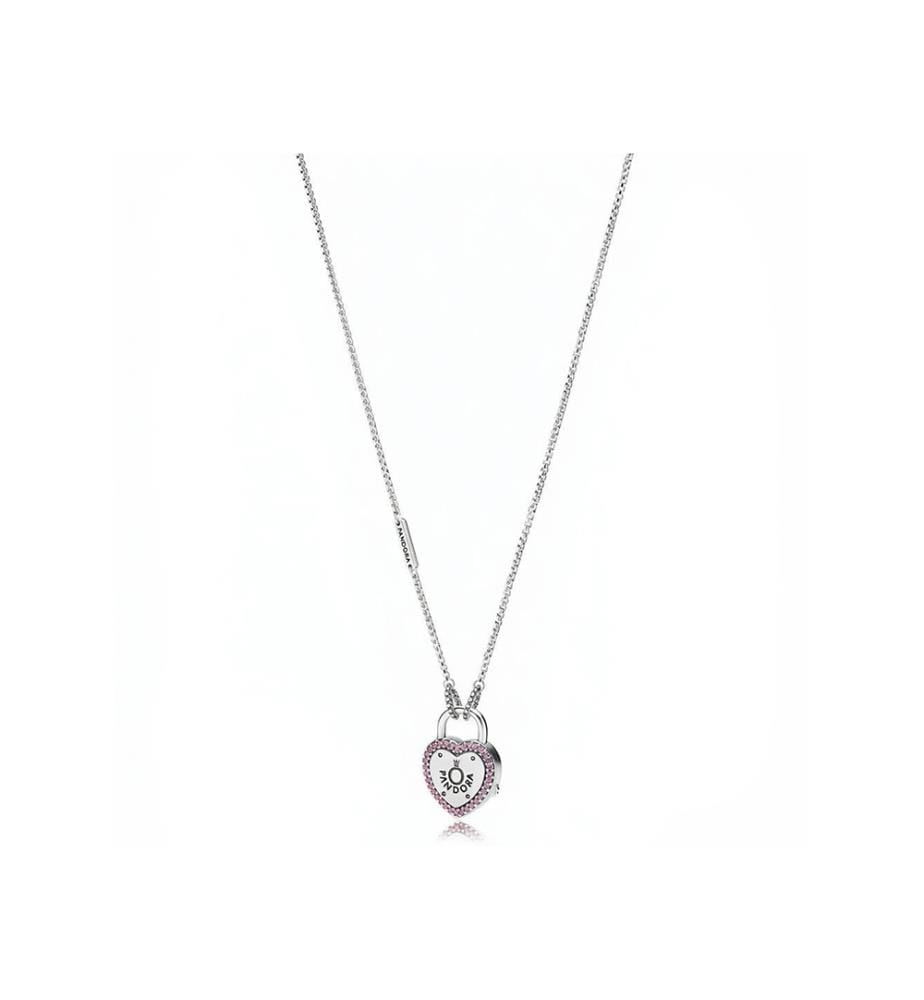 Heart-Shaped Padlock Necklace - Pink & Silver
