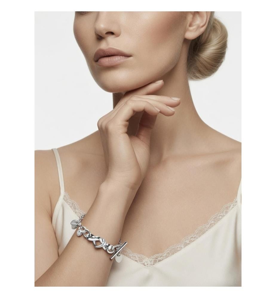 Knotted Hearts Silver T-Bar Bracelet - Silver