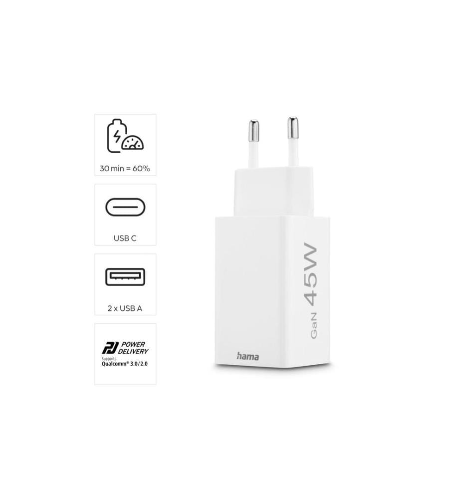 HAMA - USB-Wandladegerät Gan charger 2x USB-A USB-C 45 W Weiss