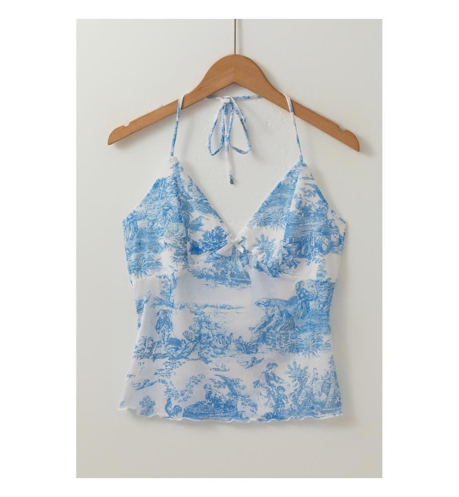 Sky-blue random-print knitted halter top with bow