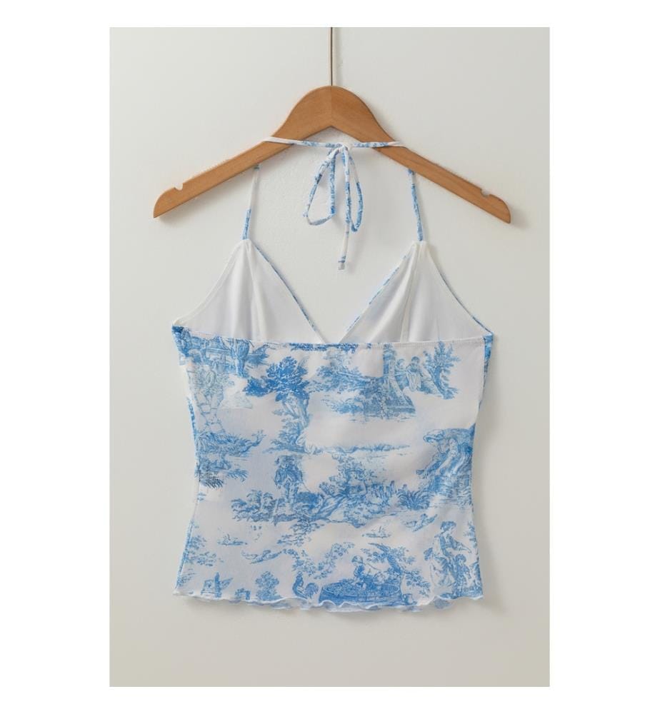 Sky-blue random-print knitted halter top with bow