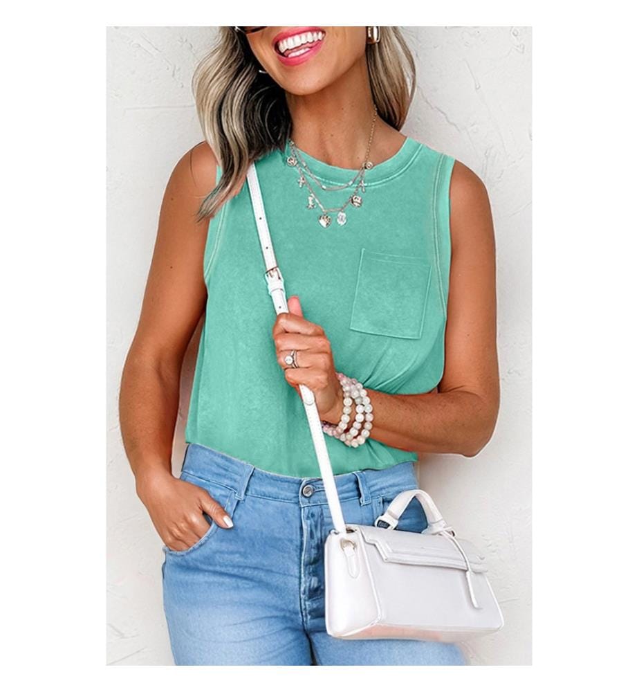 Canotta casual con tasche applicate sul petto e lavaggio minerale verde mare