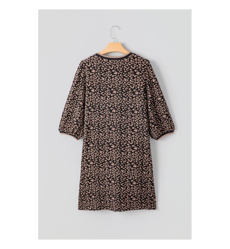 Robe courte droite noire à manches bouffantes et imprimé léopard