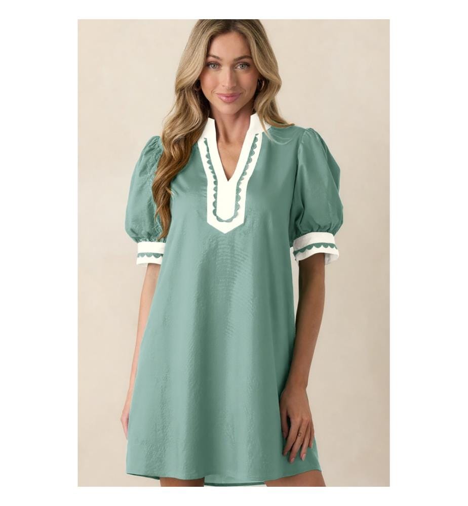 Robe mini à manches bouffantes et bordures color block à festons Canton