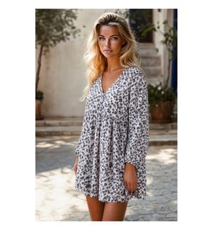 Robe mini à manches longues, col en V et boutons multicolores imprimé léopard
