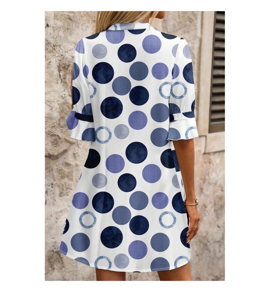 Robe courte décontractée à pois bleus et manches mi-longues à volants, style vacances