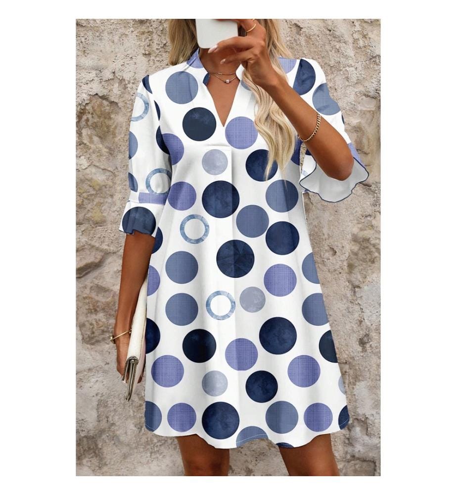 Robe courte décontractée à pois bleus et manches mi-longues à volants, style vacances